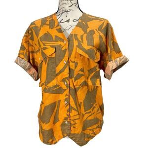 Vintage 90s TOTOnKO Orange Brown Cotton Linen Button-Up Boxy Top Campy Boho
